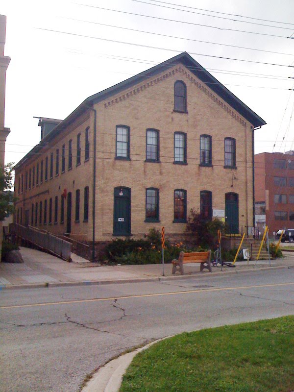 An exterior view of the yellow-brick Button Factory building in Waterloo