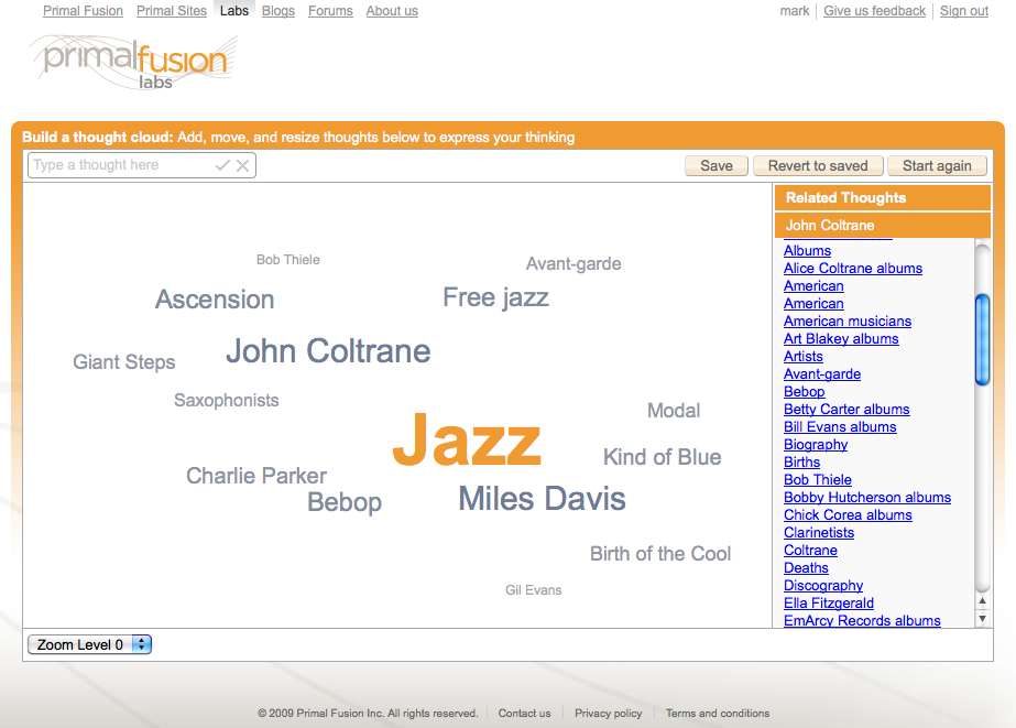 Screen image: a ‘thought cloud’ about Jazz