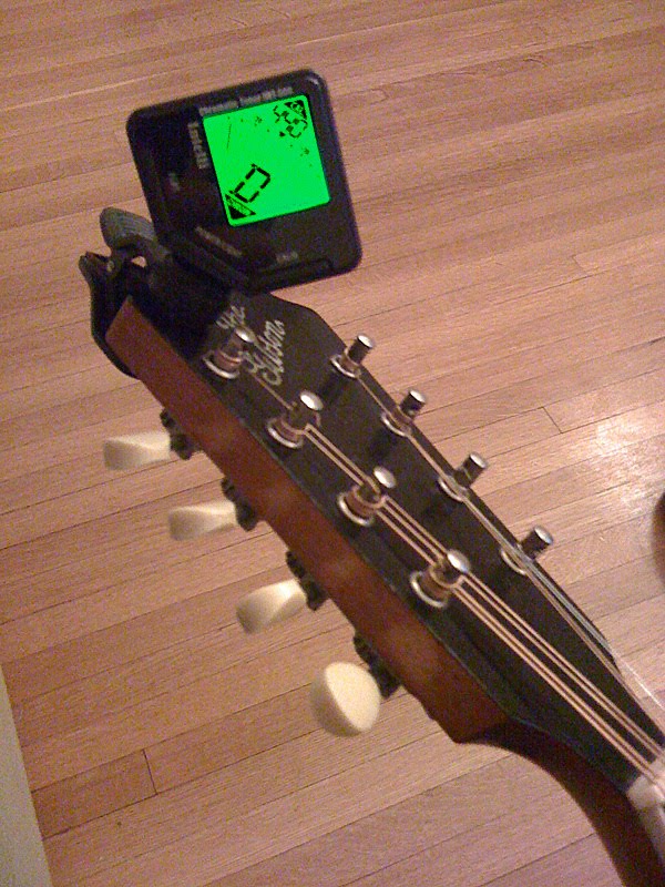 A tuner attached to a mandolin headstock