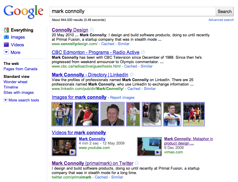 Screen image: Google search results for Mark Connolly