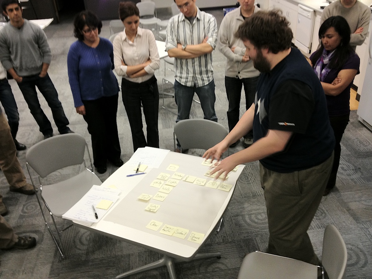 People surrounding a table covered with sticky notes