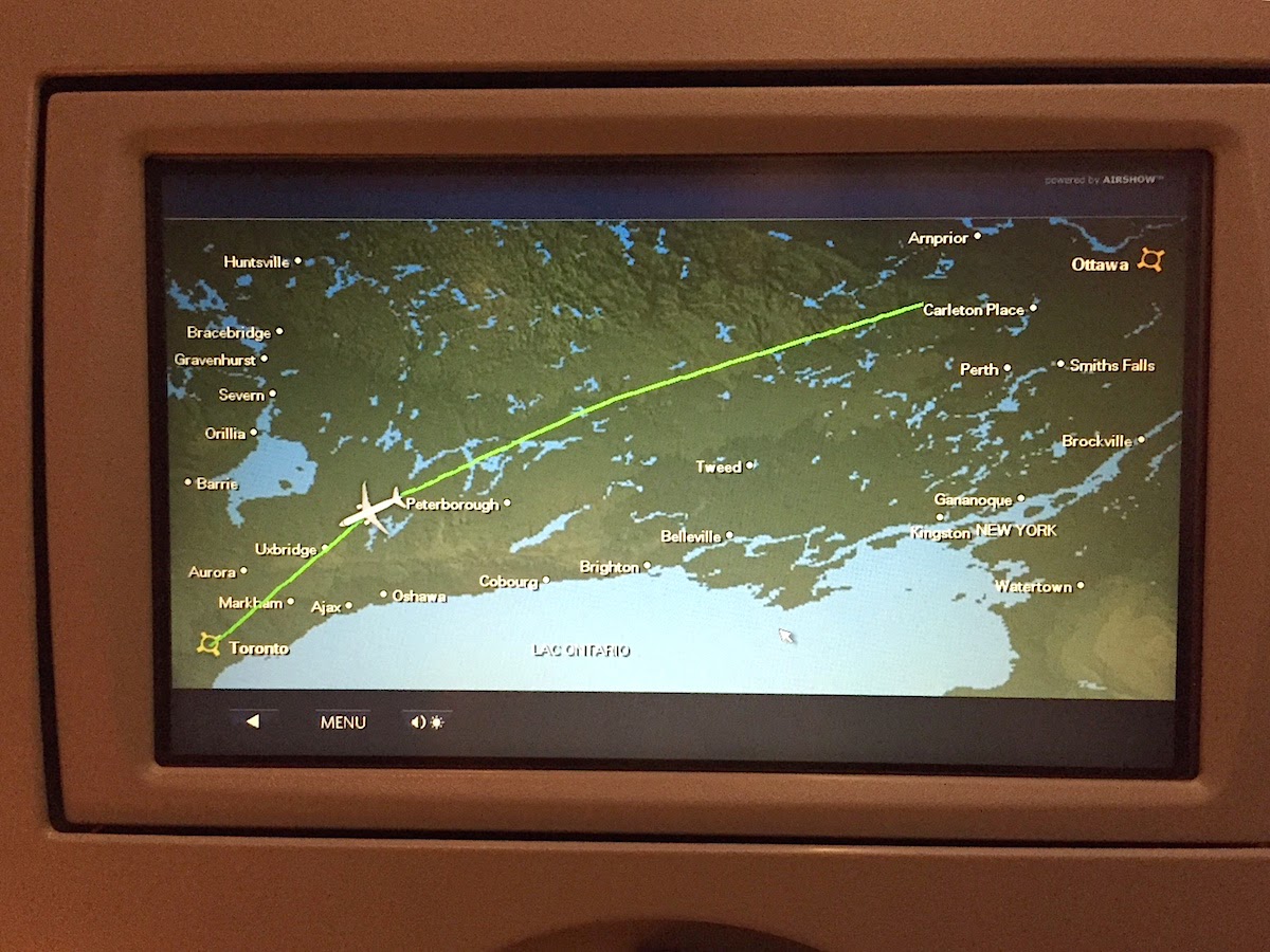 Flight path map on an airplane seat back