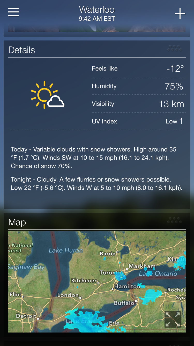 Screen image: Yahoo Weather app showing precise numbers