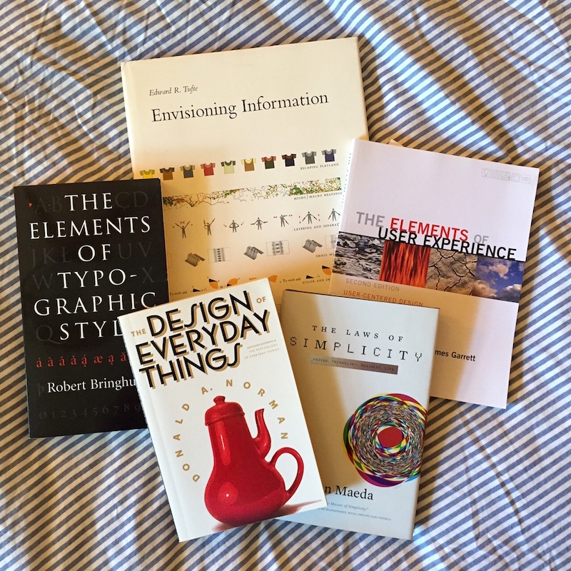 5 Books: ‘Envisioning Information’, ‘The Elements of User Experience’, ‘The Laws of Simplicity’, ‘The Design of Everyday Things’, ‘The Elements of Typographic Style’