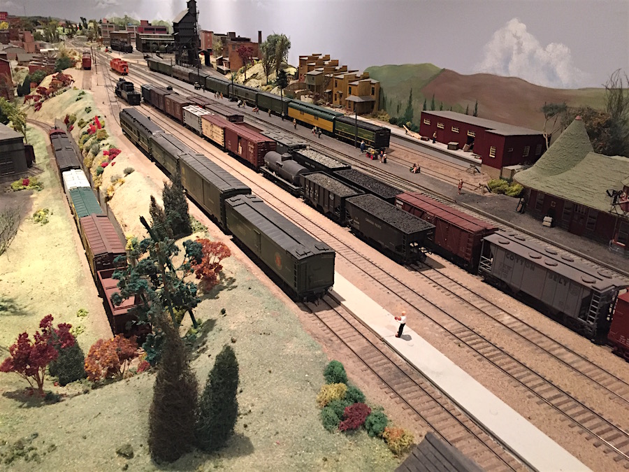 A large and detailed model train layout