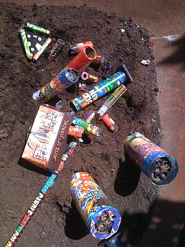 Used fireworks lying in soil