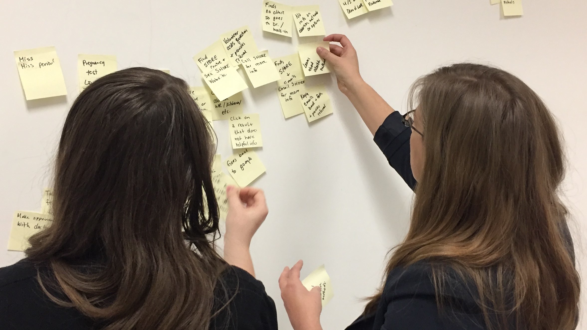 Two people moving sticky notes on a wall