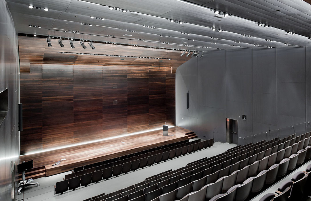 A view of an empty stage in an empty auditorium